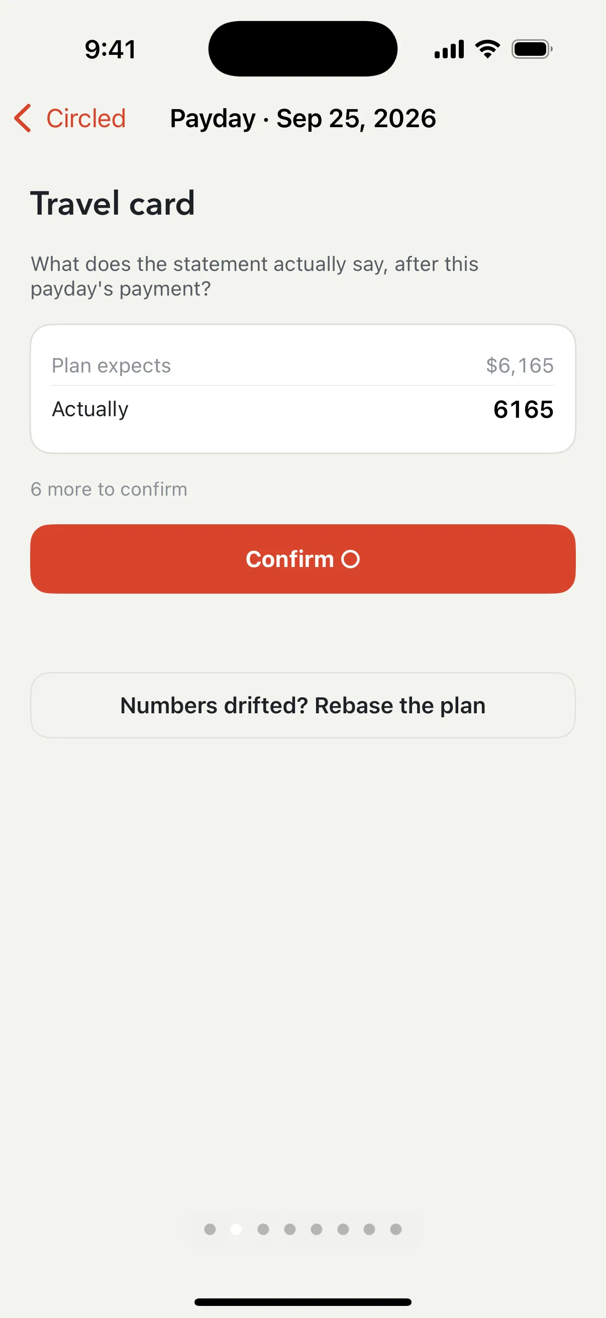 Payday checkpoint for the Travel card: the plan expects $6,165 and the statement matches — Confirm ○