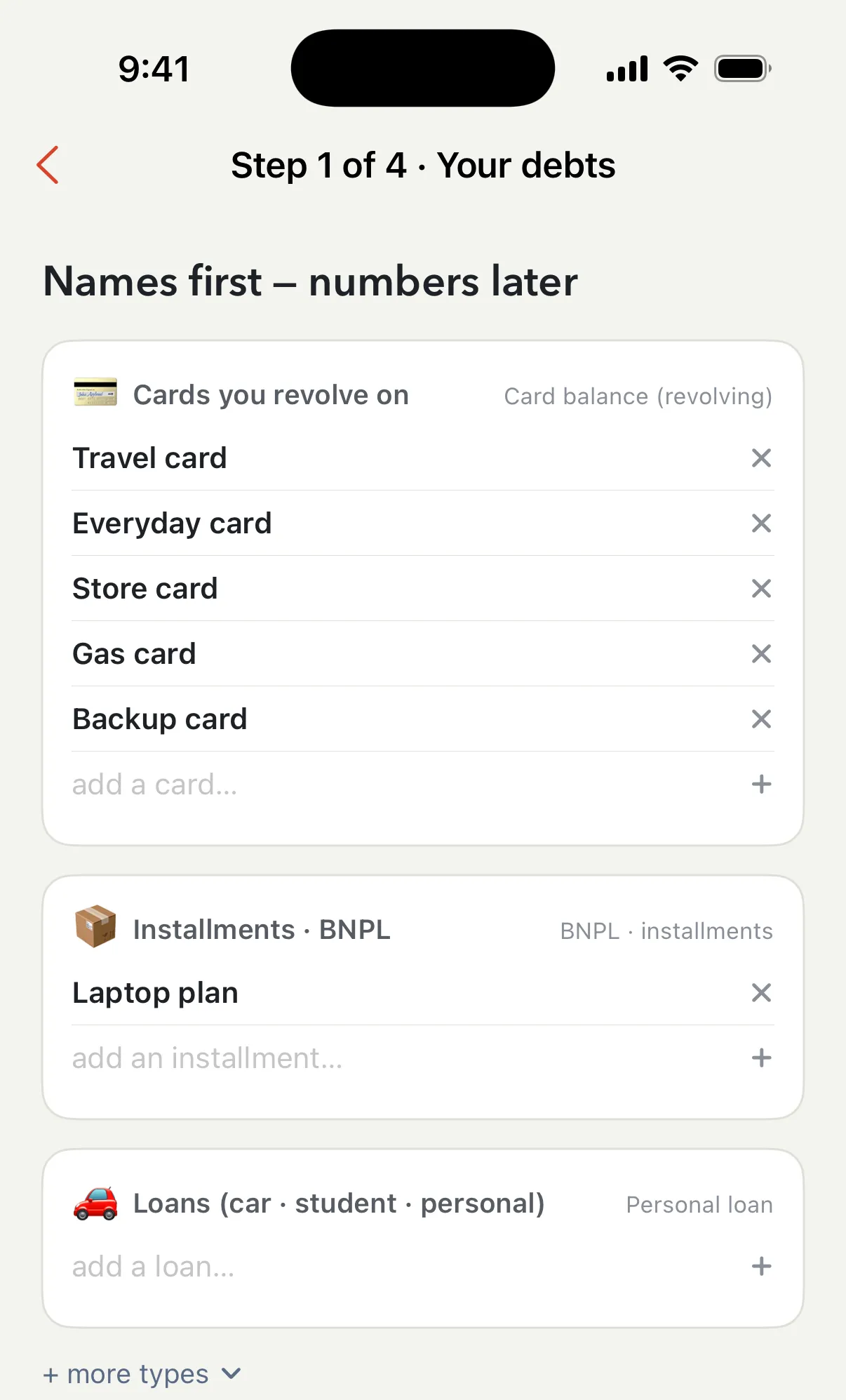 Setup step 1: Travel card, Everyday card, Store card, Gas card, and Backup card named under Cards you revolve on; Laptop plan under Installments