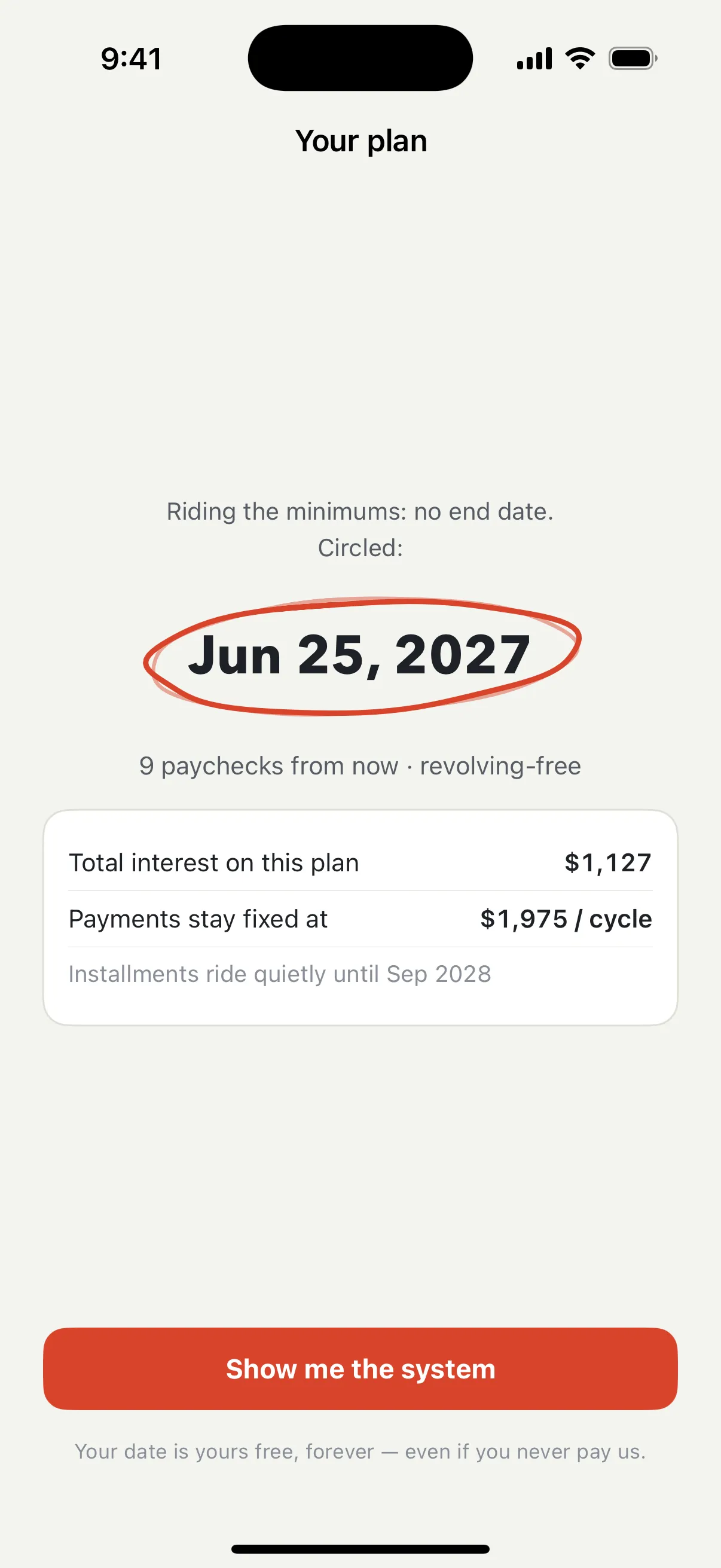 The Reveal: Jun 25, 2027 circled in vermilion — riding the minimums has no end date; this plan does. 9 paychecks from now, revolving-free, total interest shown.